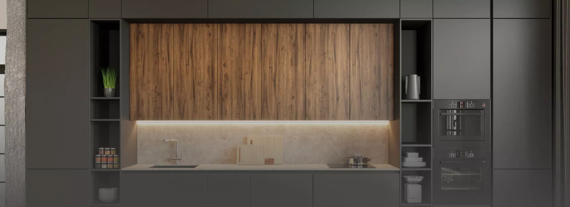 drewniana płyta na ścianie w kuchni